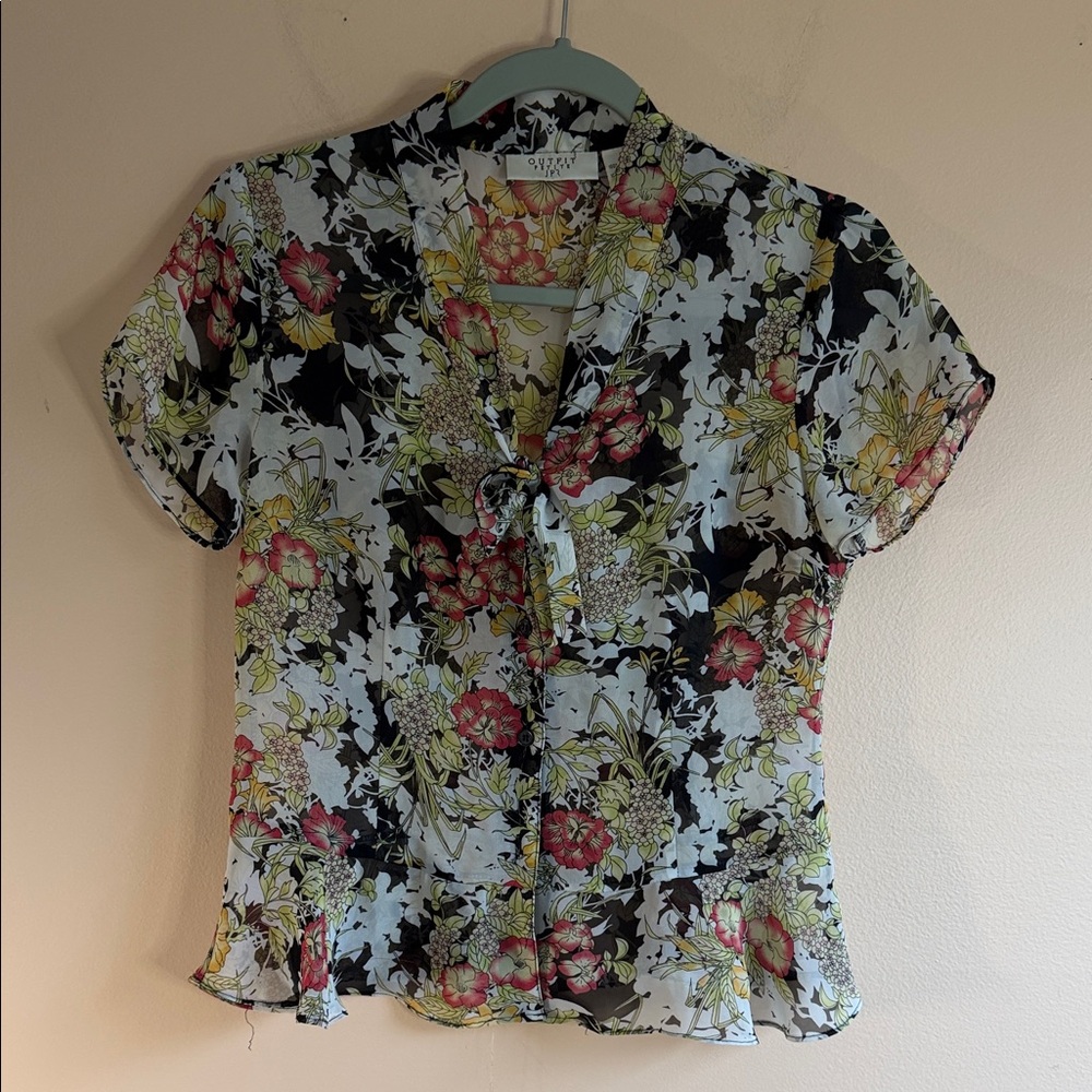 Floral Tie-Neck Short Sleeve Blouse - Black & Light Blue